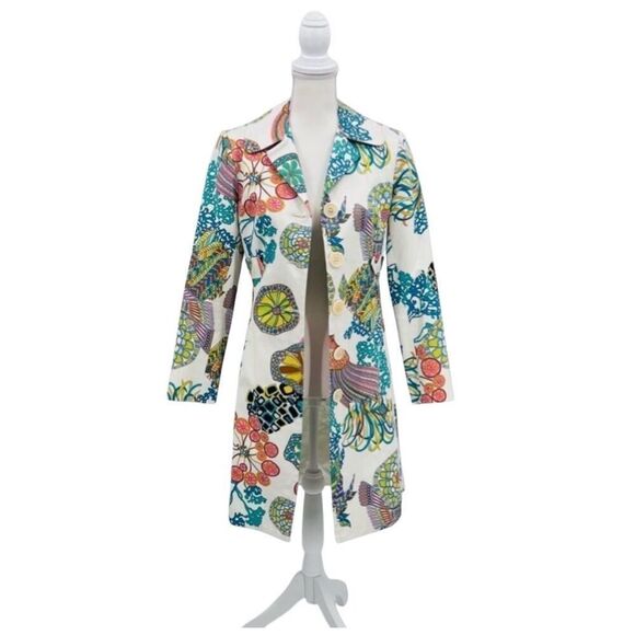 Trina Turk Jacket Midi Coat Jacket Floral Multicolor  Art Cotton Size 4 - Picture 1 of 8